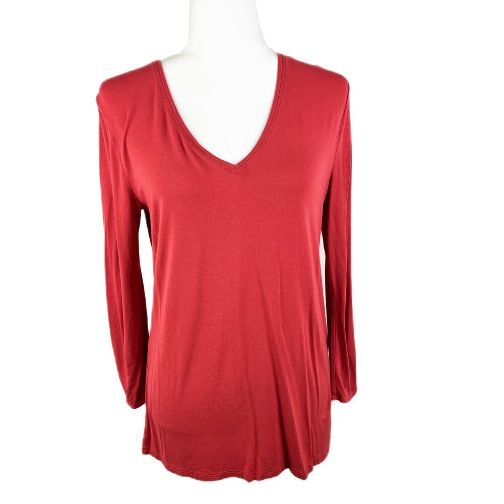Anne Klein Shirt Women Medium Terra Cotta Red V-Neck Long Sleeve Solid Stretch
